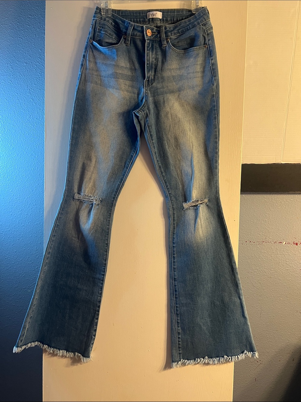 YMI Mid-Blue Flare Jeans with Knee Distress